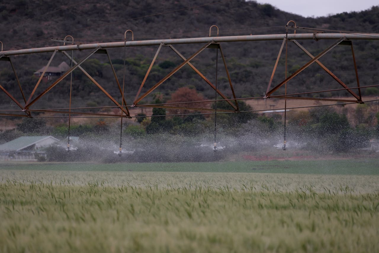 Irrigation sprinkler system watering a large farm field during the day.